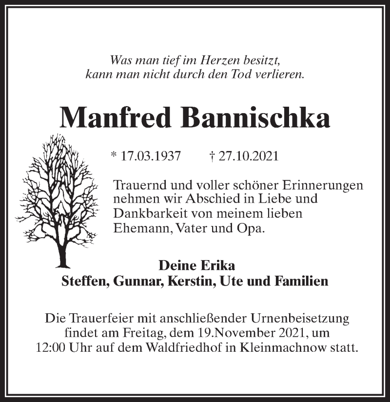  Traueranzeige für Manfred Bannischka vom 06.11.2021 aus Märkischen Allgemeine Zeitung