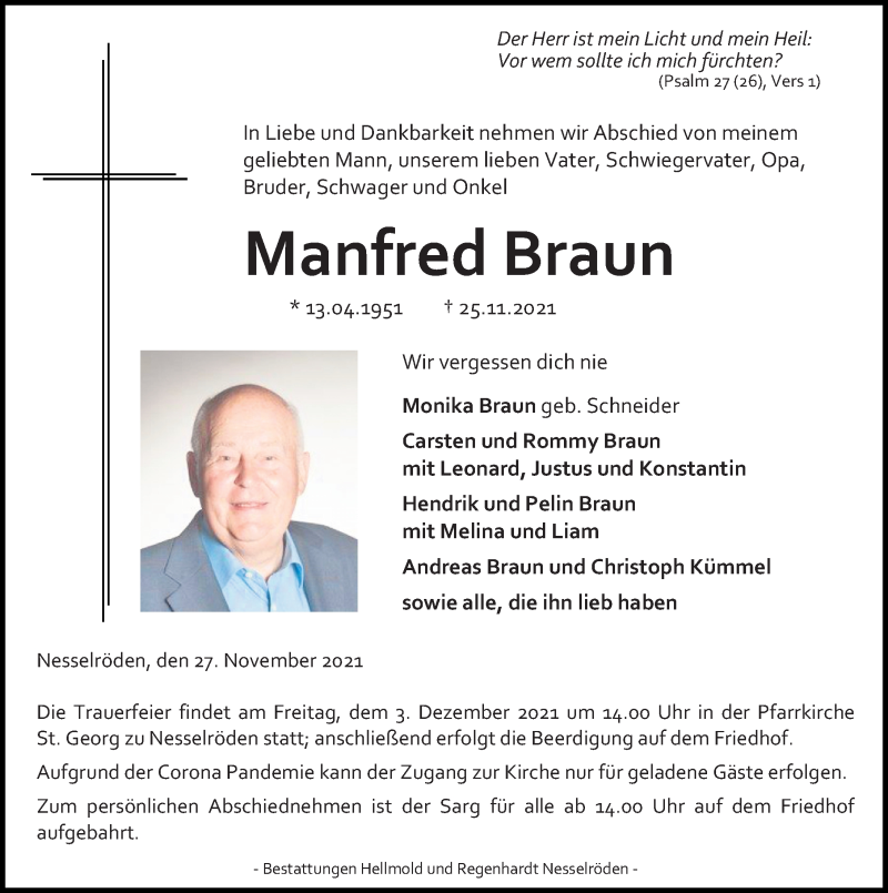  Traueranzeige für Manfred Braun vom 27.11.2021 aus Eichsfelder Tageblatt