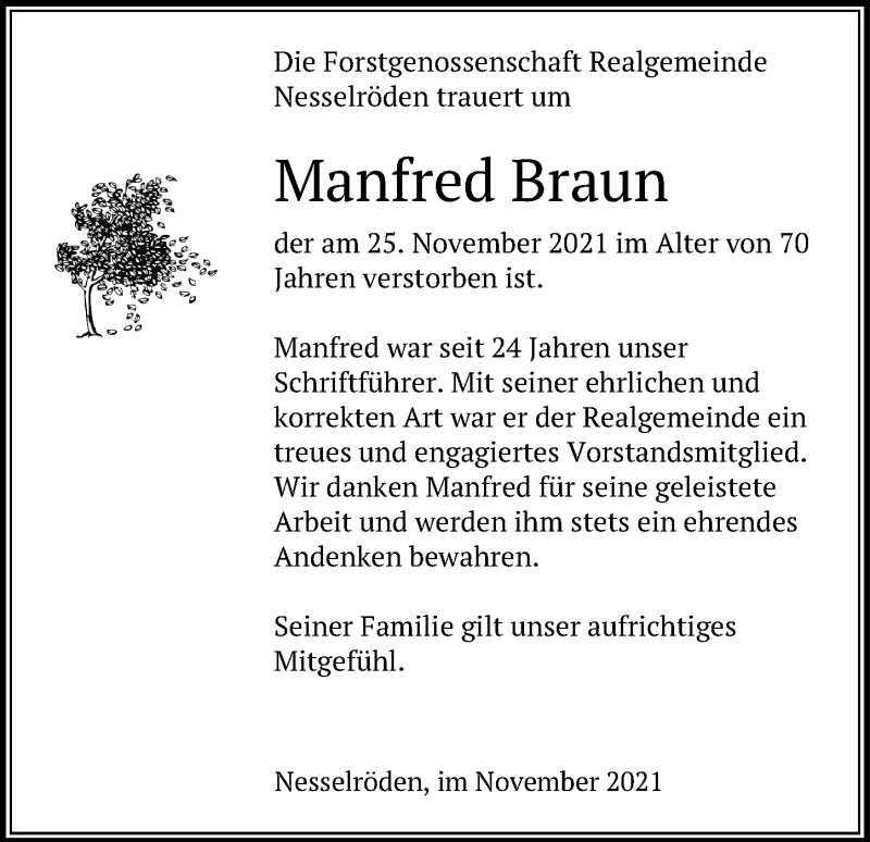  Traueranzeige für Manfred Braun vom 30.11.2021 aus Eichsfelder Tageblatt