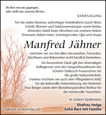 Traueranzeige von Manfred Jähner von Leipziger Volkszeitung