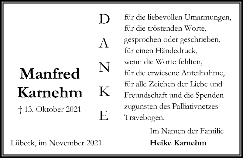 Traueranzeige für Manfred Karnehm vom 21.11.2021 aus Lübecker Nachrichten