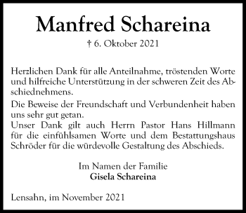 Traueranzeige von Manfred Schareina von Lübecker Nachrichten