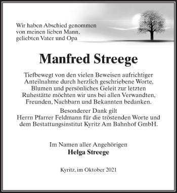 Traueranzeige von Manfred Streege von Märkischen Allgemeine Zeitung