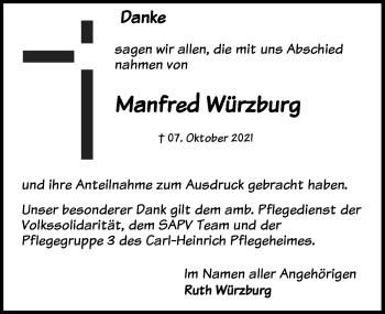 Traueranzeige von Manfred Würzburg von Leipziger Volkszeitung