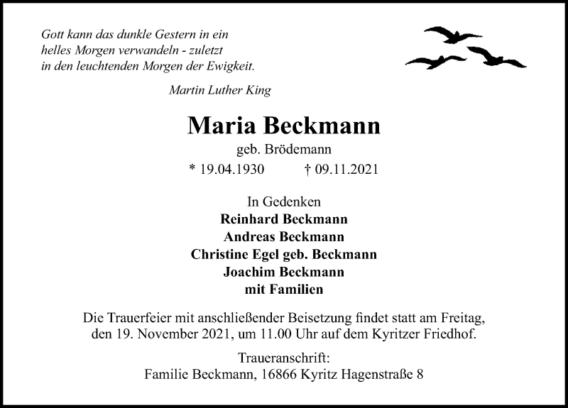  Traueranzeige für Maria Beckmann vom 13.11.2021 aus Märkischen Allgemeine Zeitung