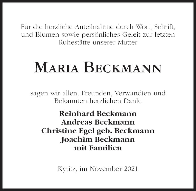  Traueranzeige für Maria Beckmann vom 27.11.2021 aus Märkischen Allgemeine Zeitung