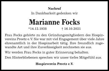 Traueranzeige von Marianne Focks von Kieler Nachrichten