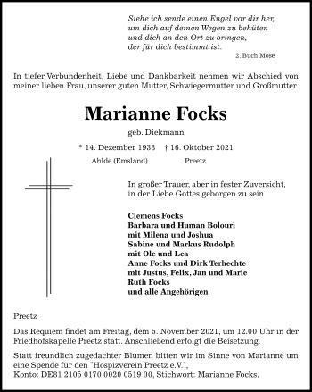 Traueranzeige von Marianne Focks von Kieler Nachrichten