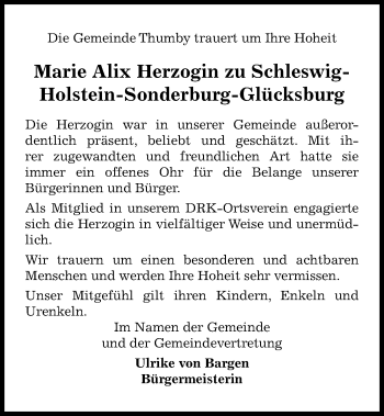Traueranzeige von Marie Alix Herzogin zu Schleswig-Holstein-Sonderburg-Glücksburg von Kieler Nachrichten