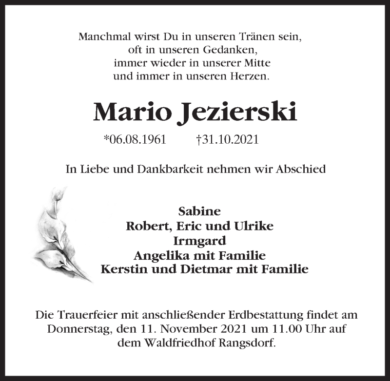  Traueranzeige für Mario Jezierski vom 06.11.2021 aus Märkischen Allgemeine Zeitung