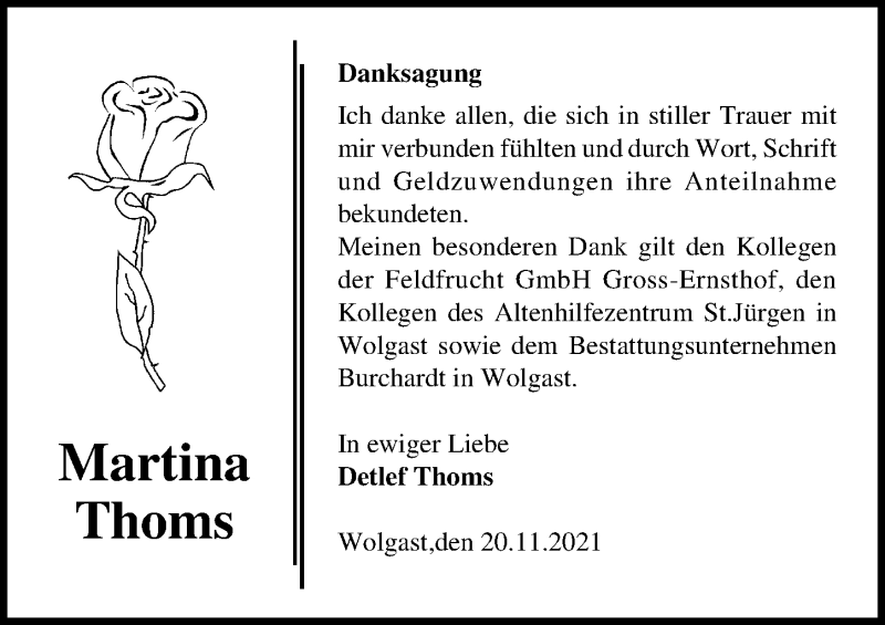  Traueranzeige für Martina Thoms vom 20.11.2021 aus Ostsee-Zeitung GmbH