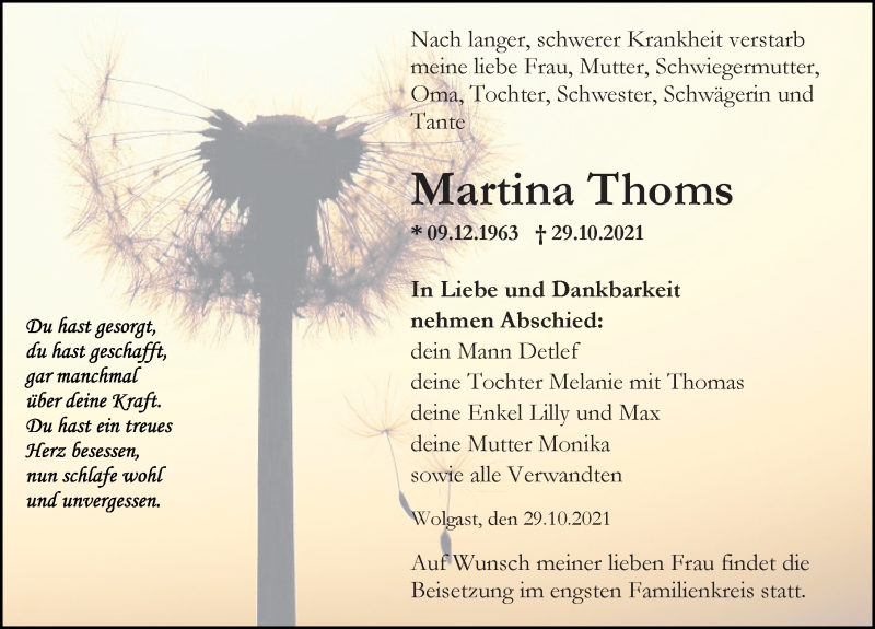  Traueranzeige für Martina Thoms vom 06.11.2021 aus Ostsee-Zeitung GmbH