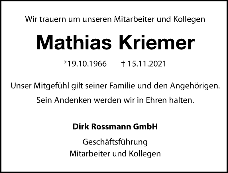  Traueranzeige für Mathias Kriemer vom 27.11.2021 aus Leipziger Volkszeitung