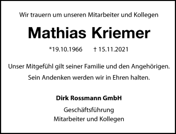 Traueranzeige von Mathias Kriemer von Leipziger Volkszeitung