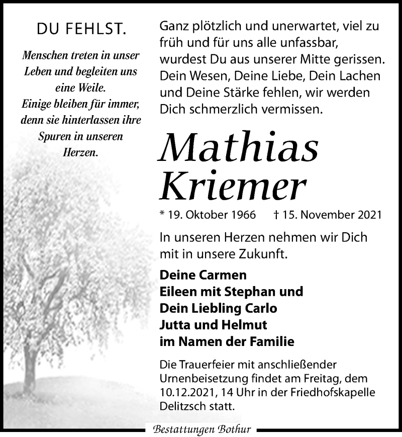 Traueranzeige für Mathias Kriemer vom 27.11.2021 aus Leipziger Volkszeitung