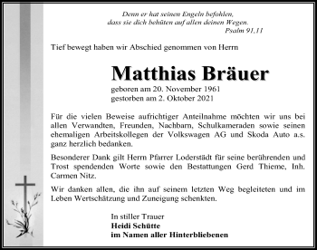 Traueranzeige von Matthias Bräuer von Aller Zeitung