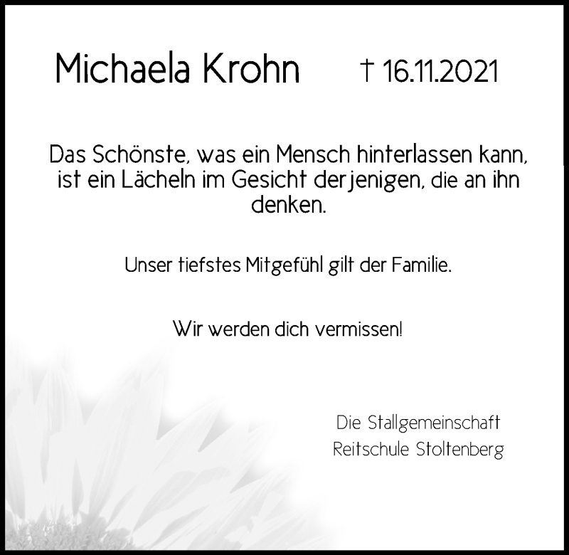  Traueranzeige für Michaela Krohn vom 20.11.2021 aus Kieler Nachrichten