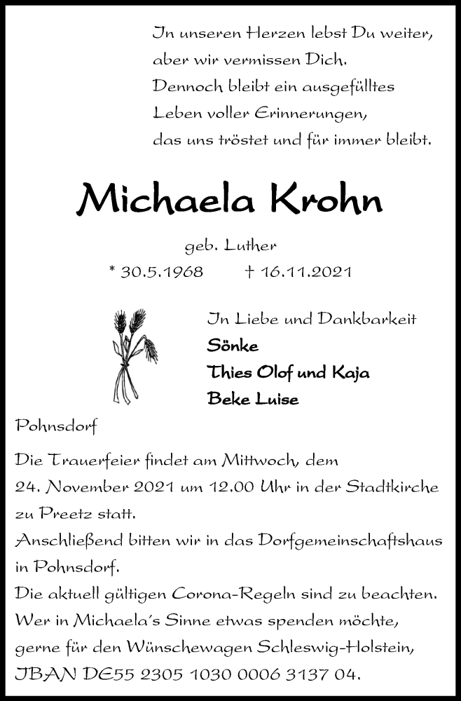  Traueranzeige für Michaela Krohn vom 20.11.2021 aus Kieler Nachrichten