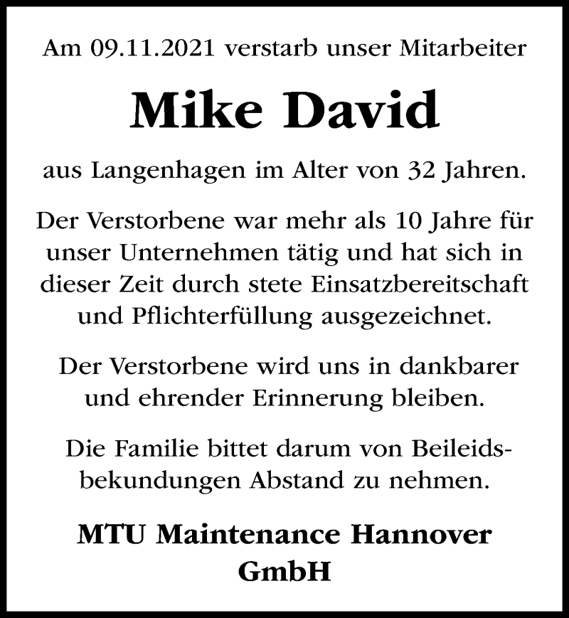  Traueranzeige für Mike David vom 16.11.2021 aus Hannoversche Allgemeine Zeitung/Neue Presse
