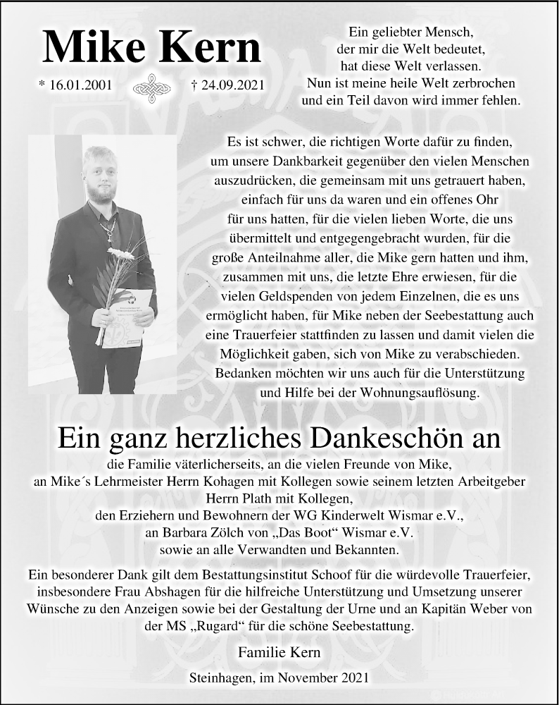  Traueranzeige für Mike Kern vom 20.11.2021 aus Ostsee-Zeitung GmbH