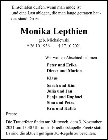 Traueranzeige von Monika Lepthien von Kieler Nachrichten