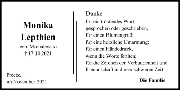 Traueranzeige von Monika Lepthien von Kieler Nachrichten