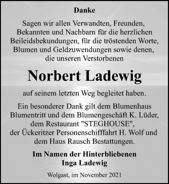 Traueranzeige von Norbert Ladewig von Ostsee-Zeitung GmbH