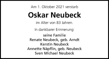 Traueranzeige von Oskar Neubeck von Lübecker Nachrichten