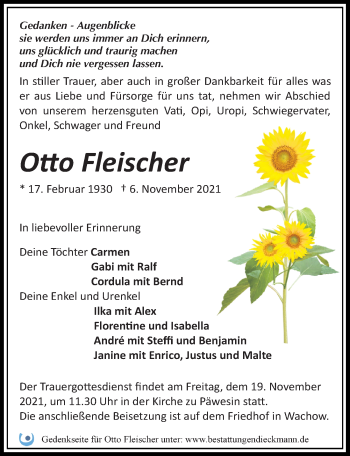 Traueranzeige von Otto Fleischer von Märkischen Allgemeine Zeitung