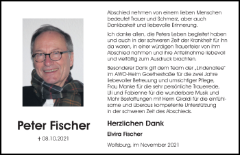 Traueranzeige von Peter Fischer von Aller Zeitung