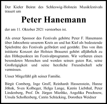 Traueranzeige von Peter Hanemann von Kieler Nachrichten