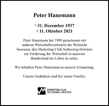 Traueranzeige von Peter Hanemann von Kieler Nachrichten