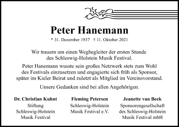 Traueranzeige von Peter Hanemann von Kieler Nachrichten