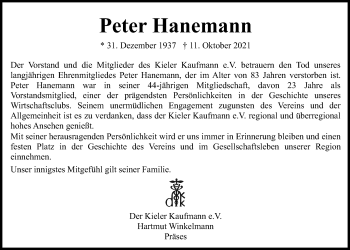 Traueranzeige von Peter Hanemann von Kieler Nachrichten