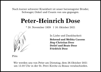 Traueranzeige von Peter-Heinrich Dose von Kieler Nachrichten