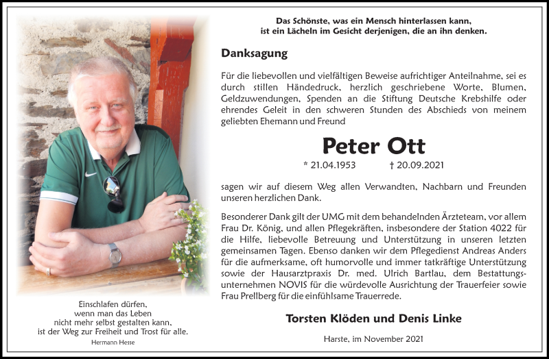  Traueranzeige für Peter Ott vom 20.11.2021 aus Göttinger Tageblatt