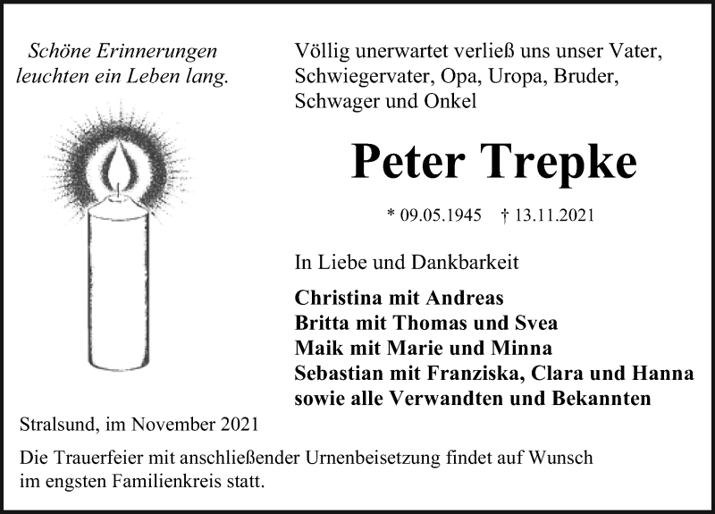  Traueranzeige für Peter Trepke vom 20.11.2021 aus Ostsee-Zeitung GmbH