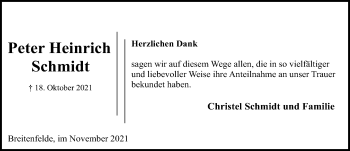 Traueranzeige von Peter Heinrich Schmidt von Lübecker Nachrichten