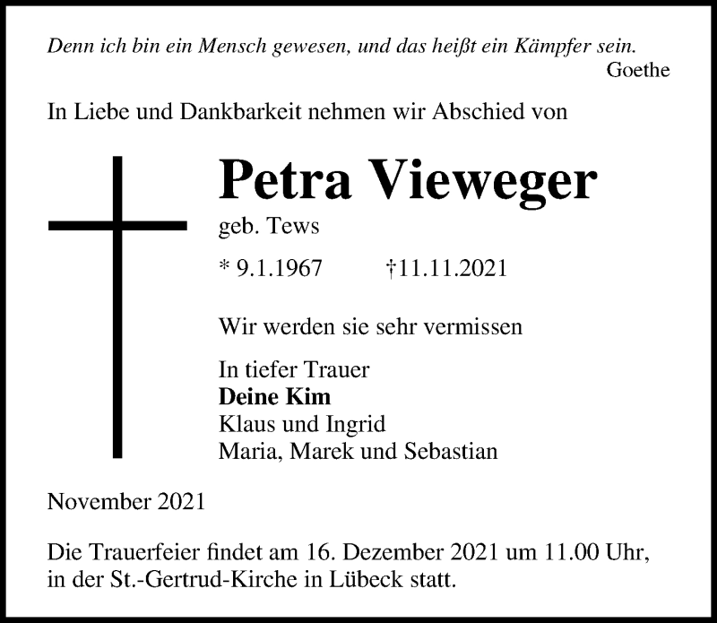  Traueranzeige für Petra Vieweger vom 21.11.2021 aus Lübecker Nachrichten