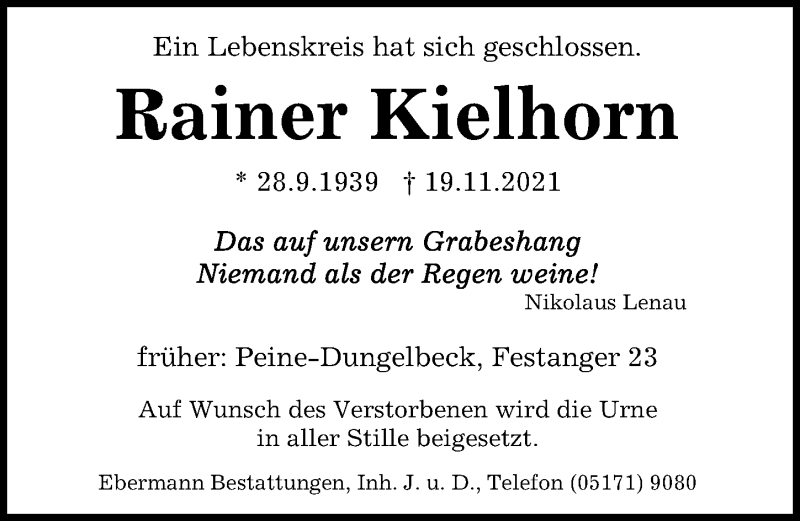  Traueranzeige für Rainer Kielhorn vom 20.11.2021 aus Peiner Allgemeine Zeitung
