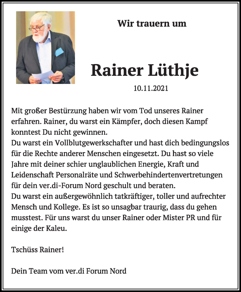  Traueranzeige für Rainer Lüthje vom 20.11.2021 aus Kieler Nachrichten