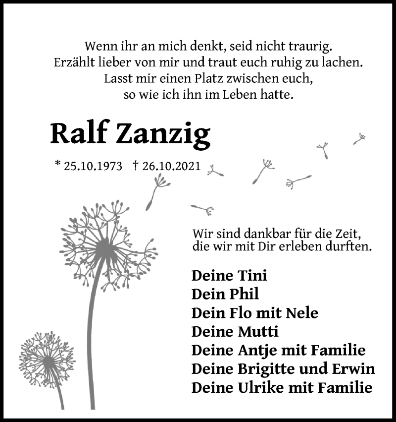  Traueranzeige für Ralf Zanzig vom 06.11.2021 aus Ostsee-Zeitung GmbH