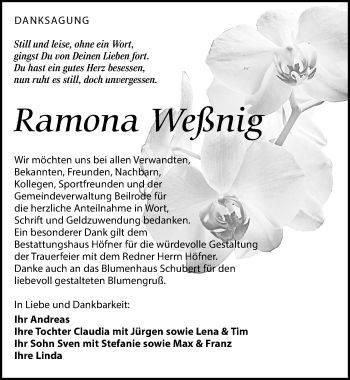 Traueranzeige von Ramona Weßnig von Torgauer Zeitung