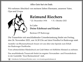 Traueranzeige von Reimund Riechers von Märkischen Allgemeine Zeitung
