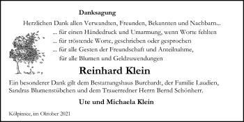 Traueranzeige von Reinhard Klein von Ostsee-Zeitung GmbH