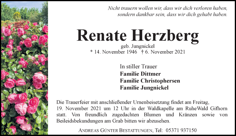  Traueranzeige für Renate Herzberg vom 13.11.2021 aus Aller Zeitung