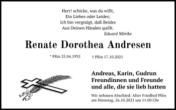 Traueranzeige von Renate Dorothea Andresen von Kieler Nachrichten