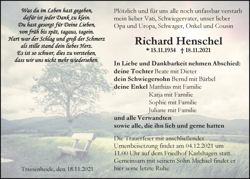  Traueranzeige für Richard Henschel vom 20.11.2021 aus Ostsee-Zeitung GmbH