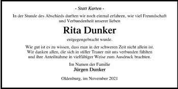 Traueranzeige von Rita Dunker von Lübecker Nachrichten
