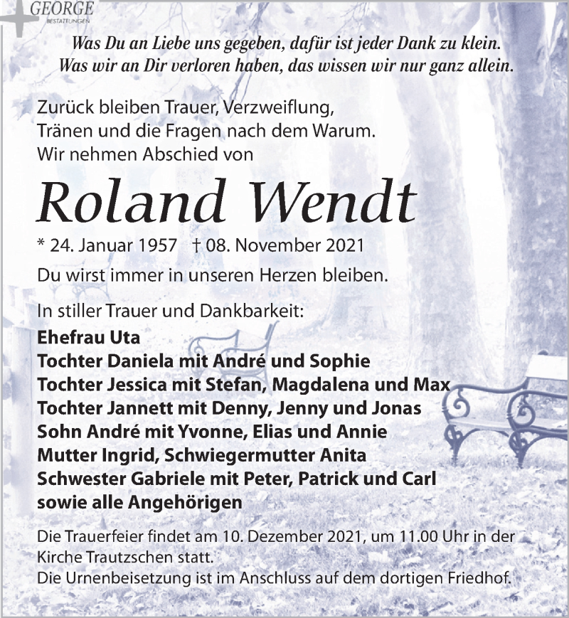  Traueranzeige für Roland Wendt vom 26.11.2021 aus Leipziger Volkszeitung